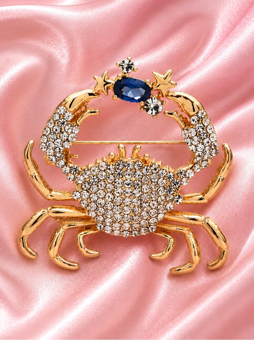 Anthropologie Gold Crab Brooch with Blue and Clear Crystals